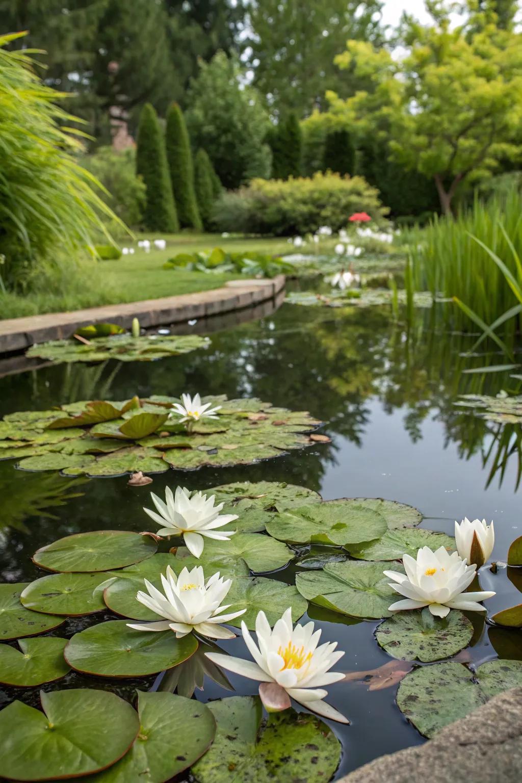 White water lilies in a pond bring serenity and elegance to the garden.