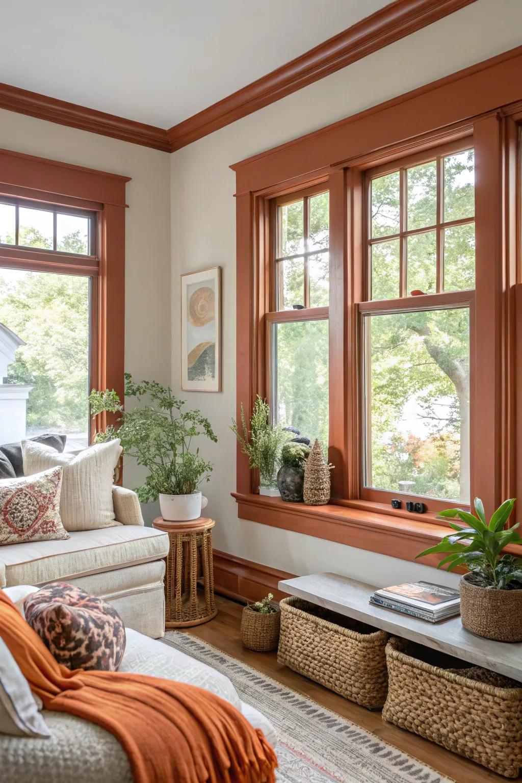 Burnt orange trim adds warmth and energy to a living area.