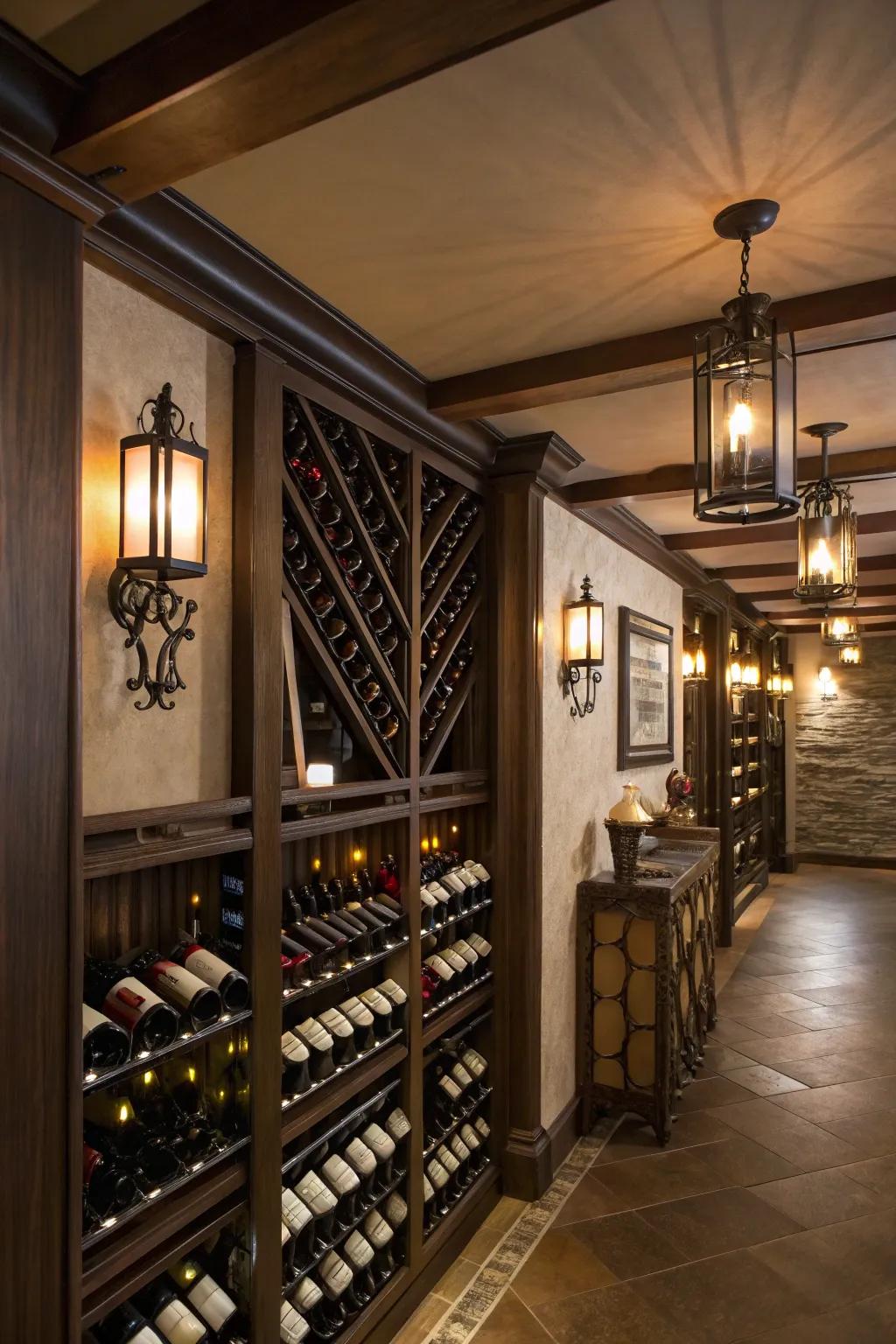 Unique wall lights add light and character to the wine room.