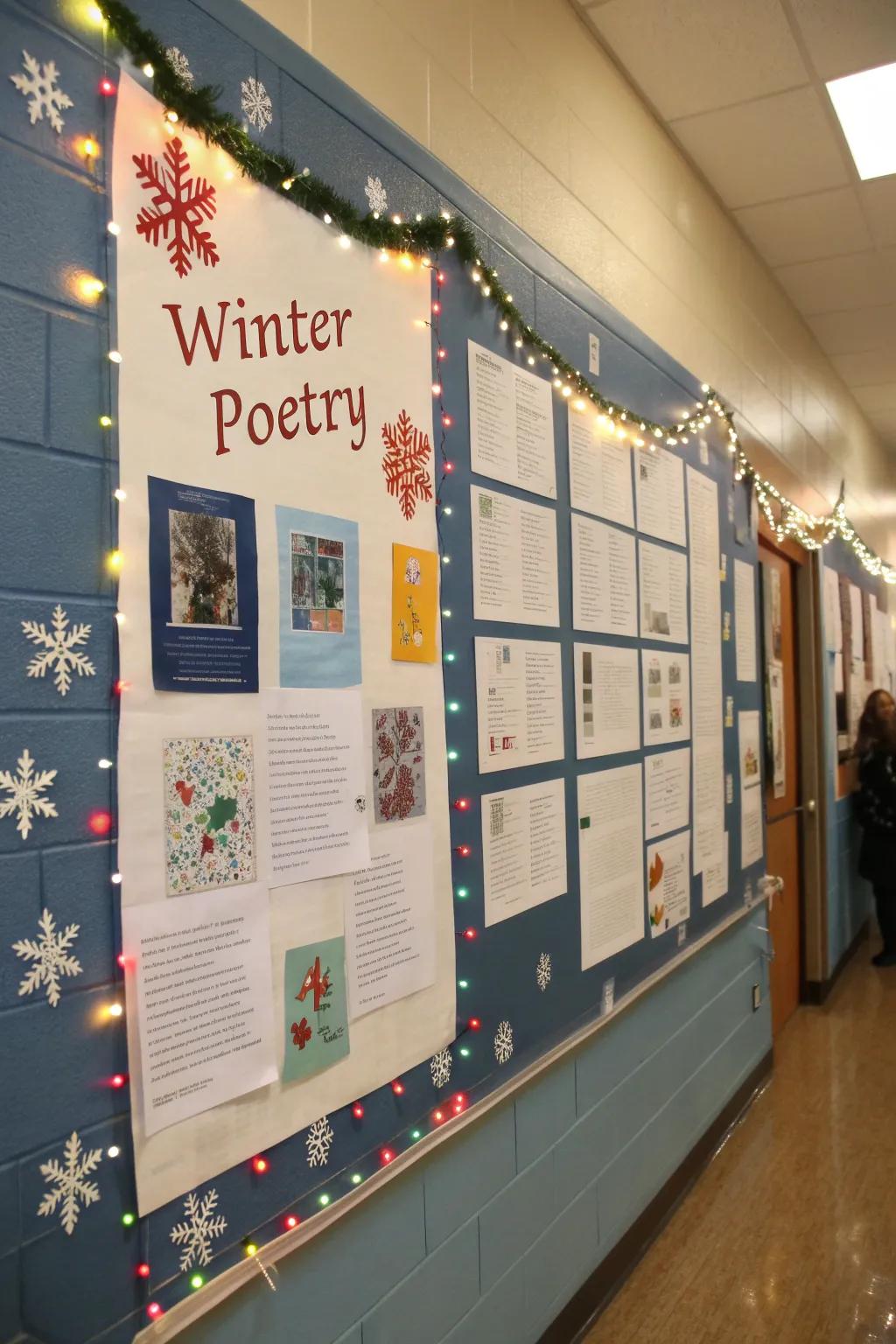 A poetry corner introduces a literary element to the winter bulletin board.