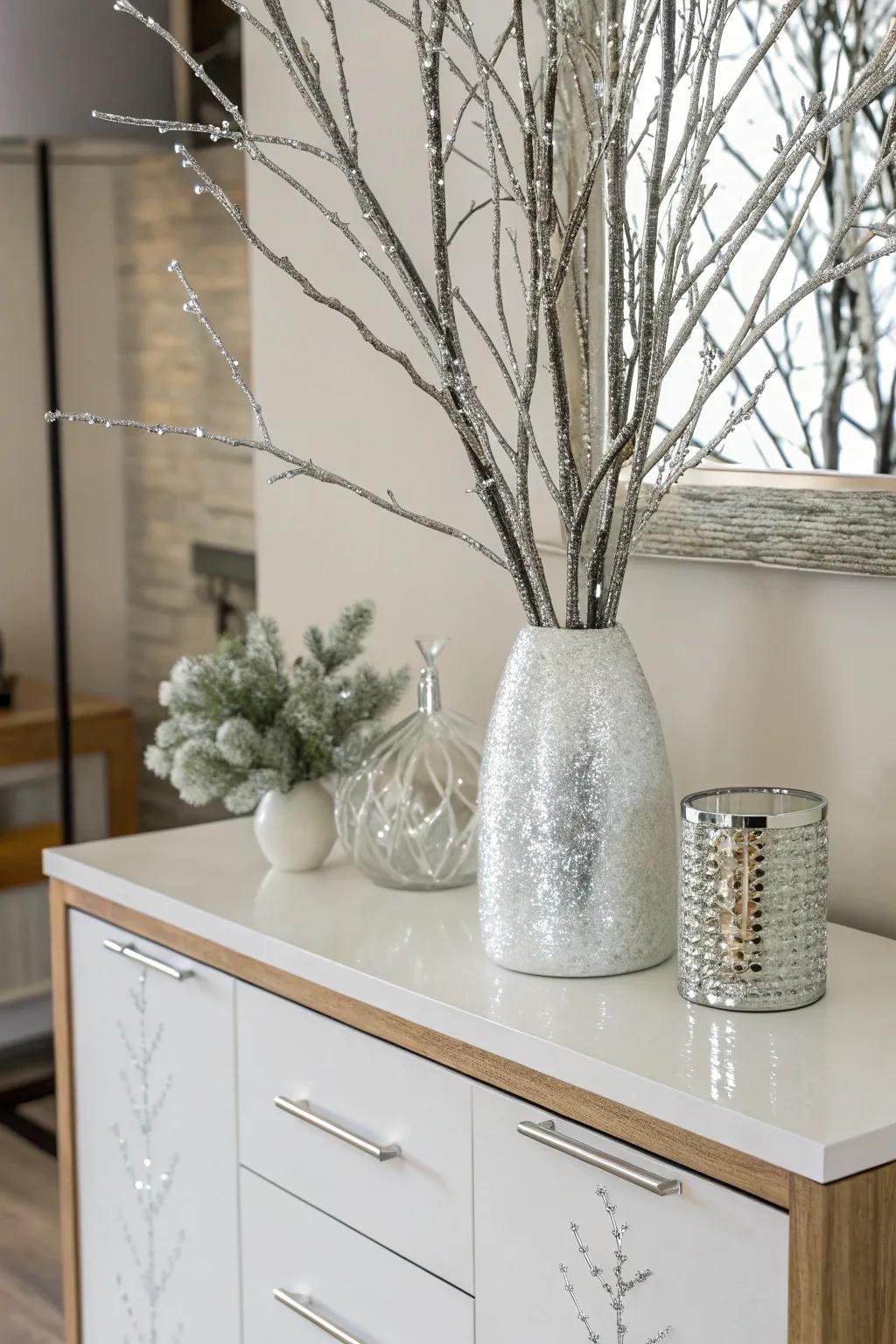 Silver branches and faux snow create a chic and modern winter decor.