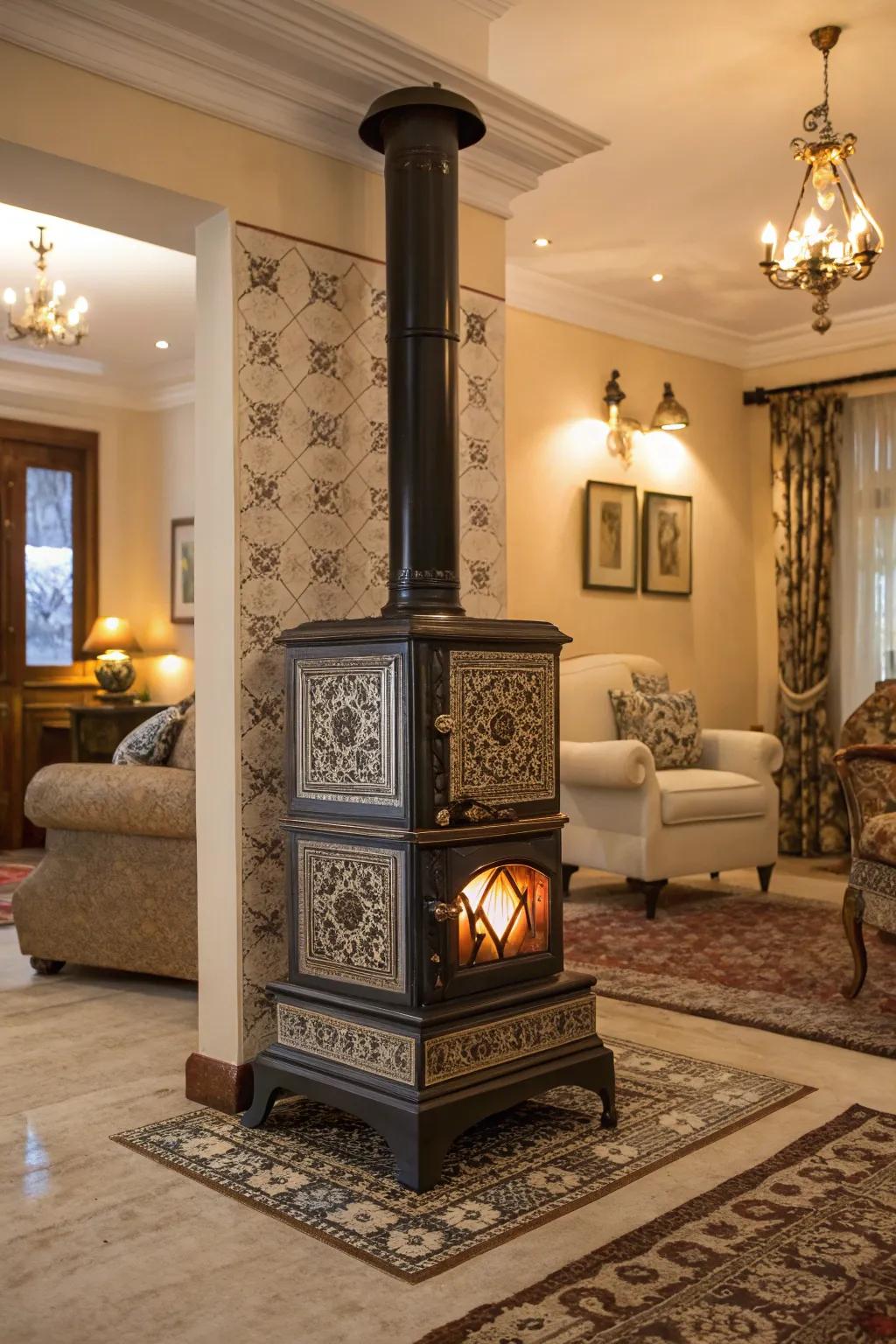 Art Deco tiles infuse glamour and opulence into your wood stove area.