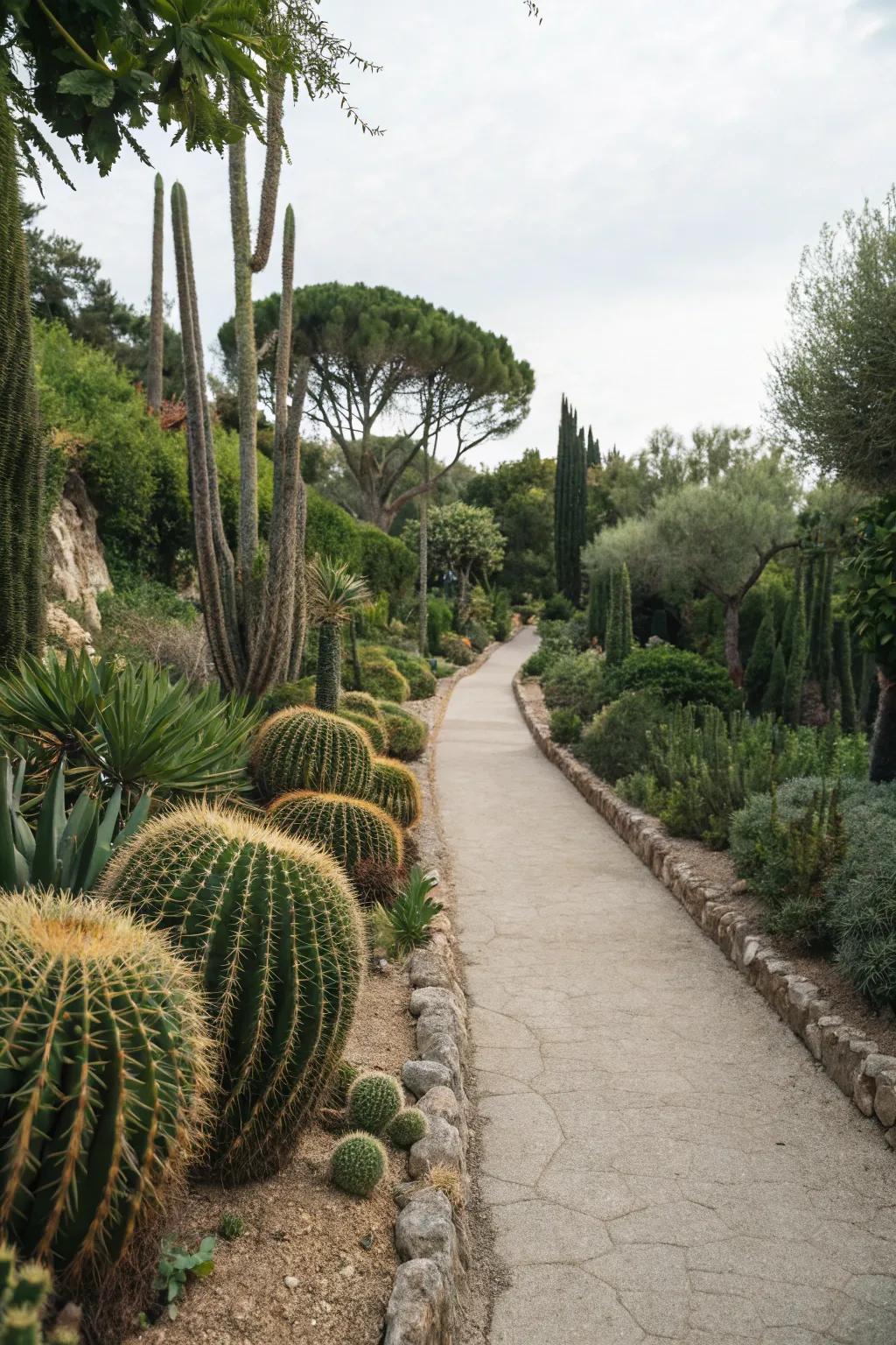 Cacti line the path, creating a stunning and natural guide.