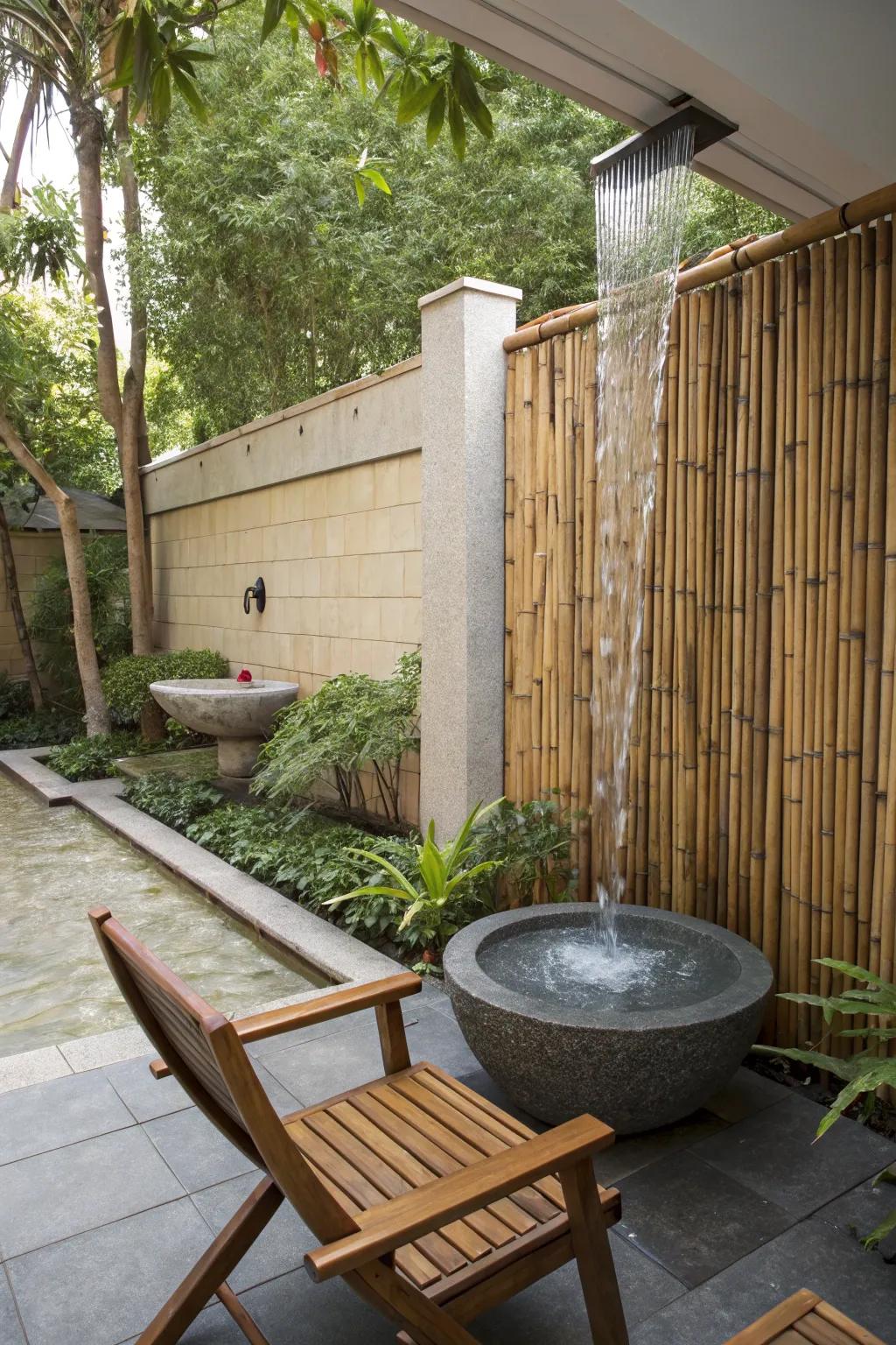 A luxurious bamboo waterfall wall enhancing an outdoor space.