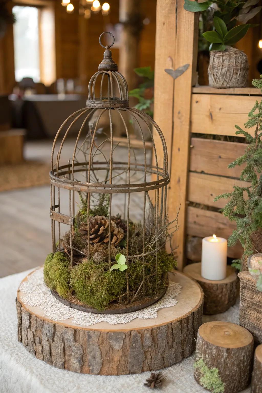 Natural textures bring organic beauty to a bird cage.