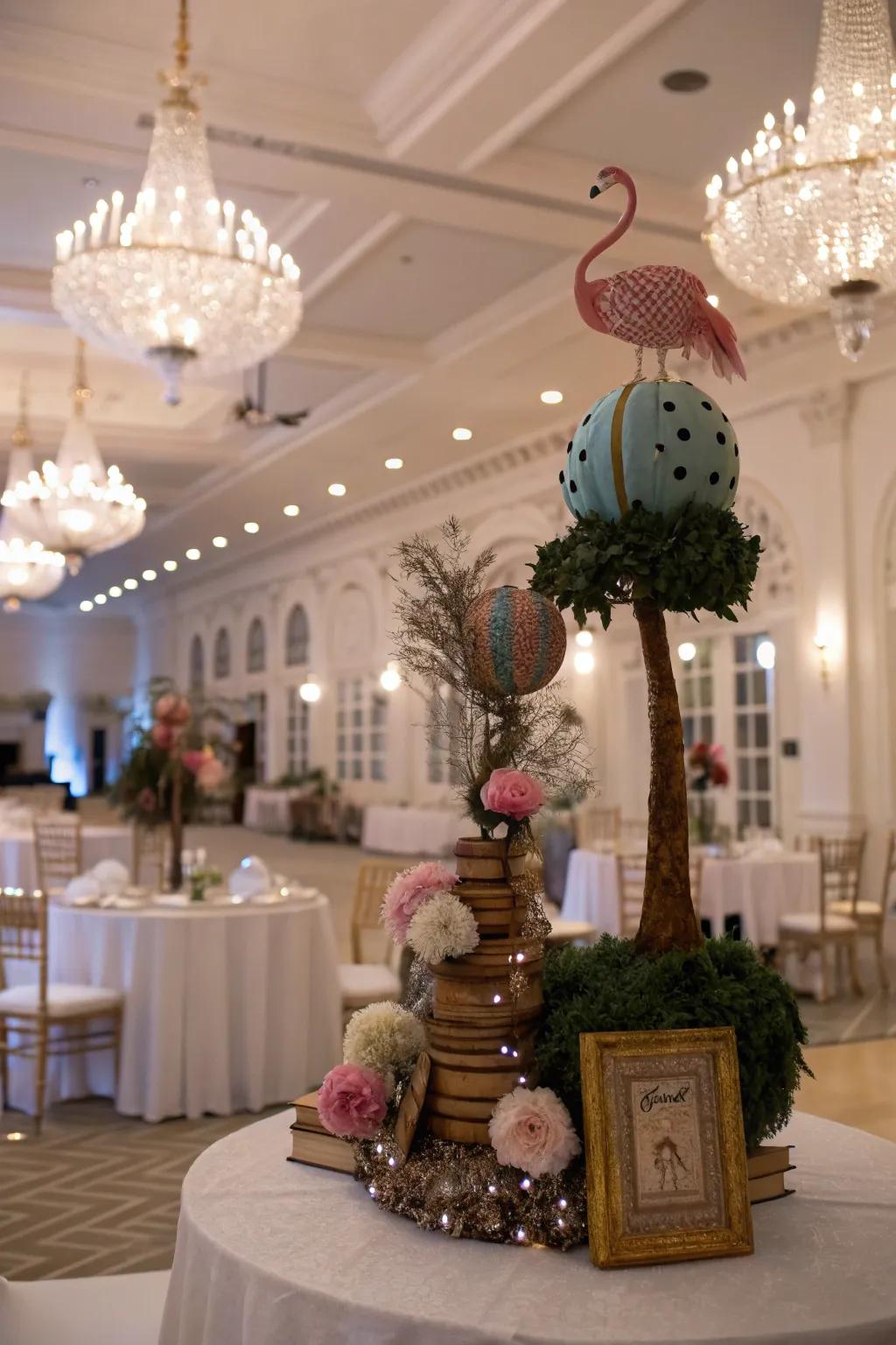 Whimsical centerpieces add a playful and creative flair.