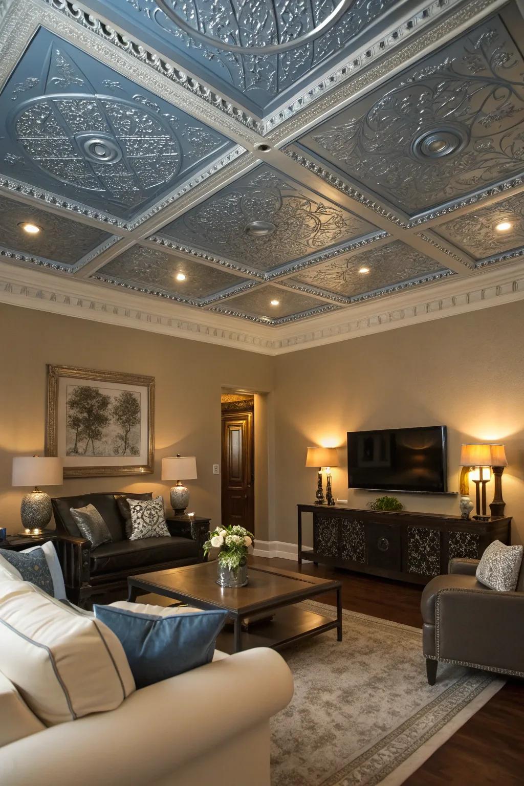 Unique blue and silver top details heighten the verticality and sophistication of this family room.