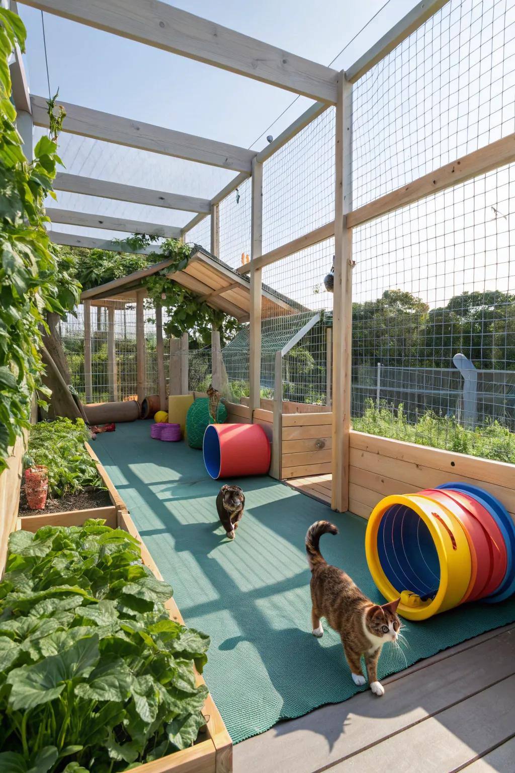 Interactive play areas in a catio, designed to keep cats entertained and active.