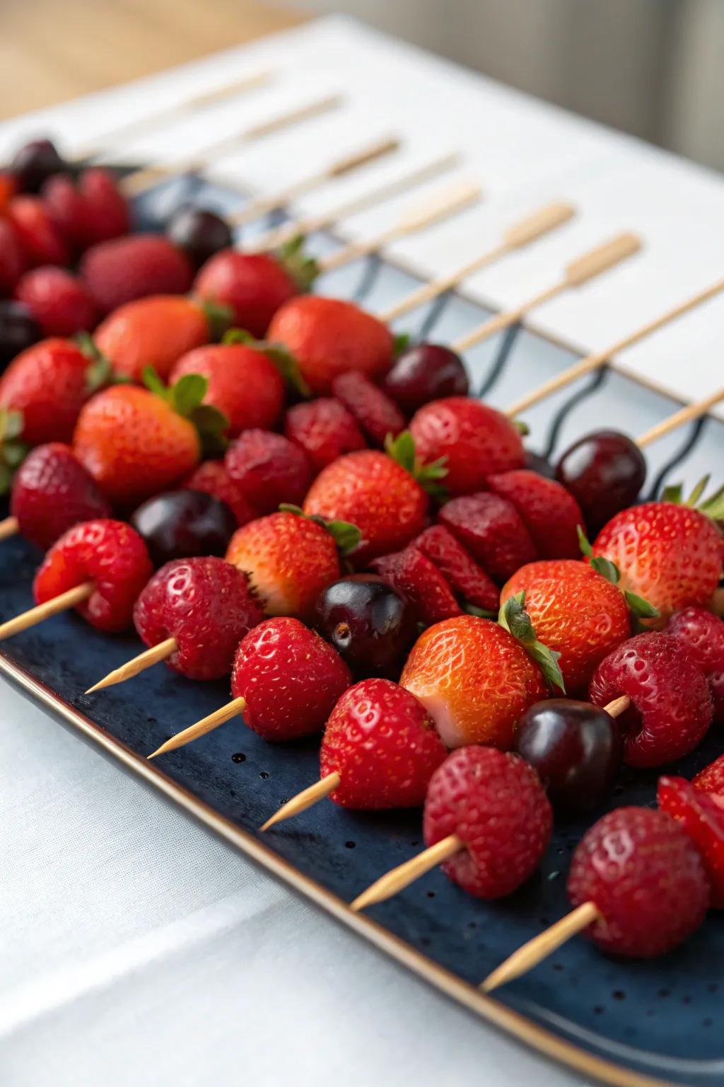 Vivid ruby red fruit skewers offering a healthy and colorful treat.