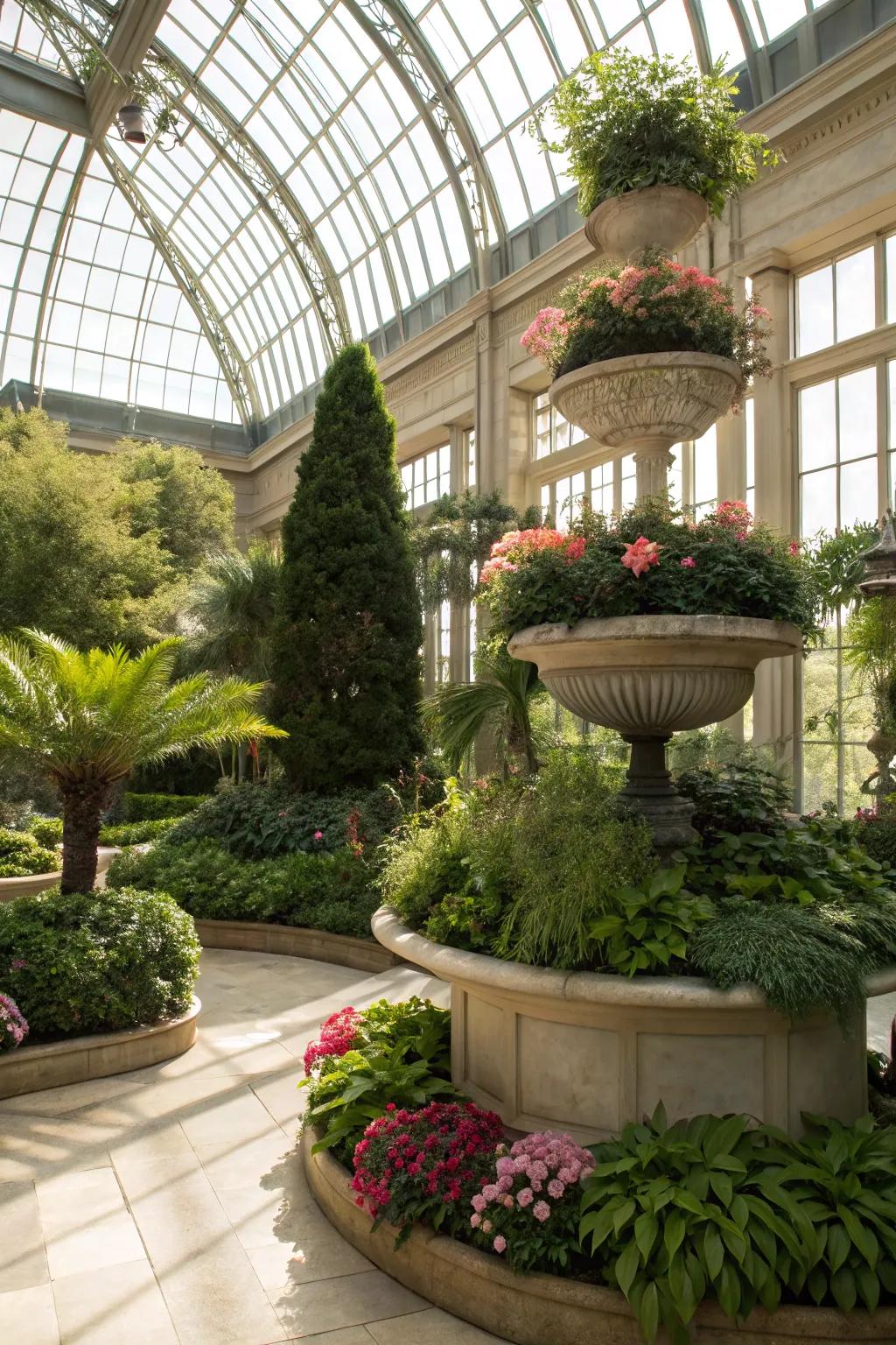 Multi-level planters creating a vibrant display in a conservatory.