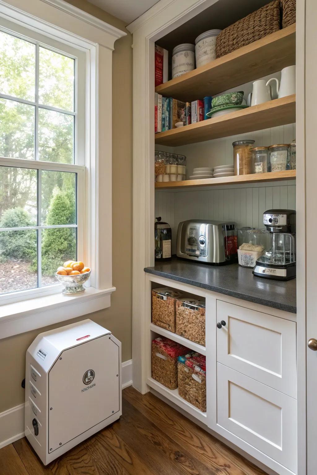 A small appliance nook in a corner pantry for convenience.