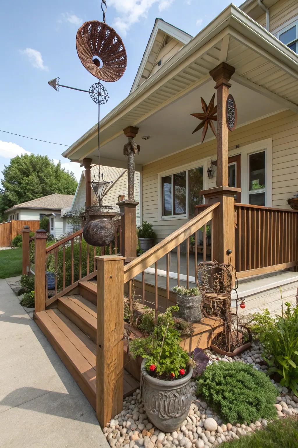 Outdoor art personalizes and enlivens the porch.