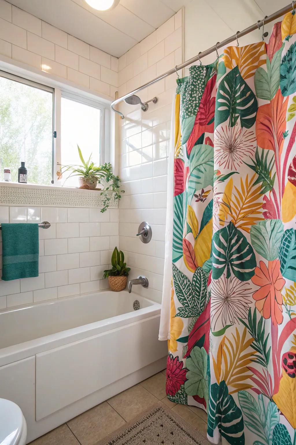 A bathroom that features a bold, patterned shower curtain.