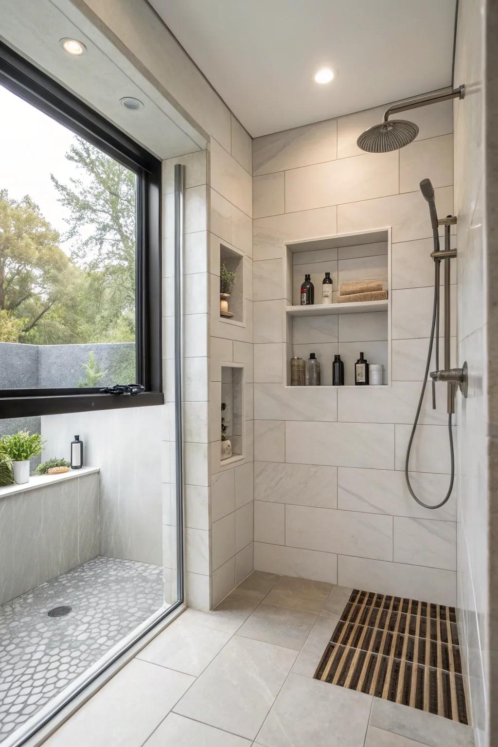 A shower niche provides both style and functionality in this sleek shower design.