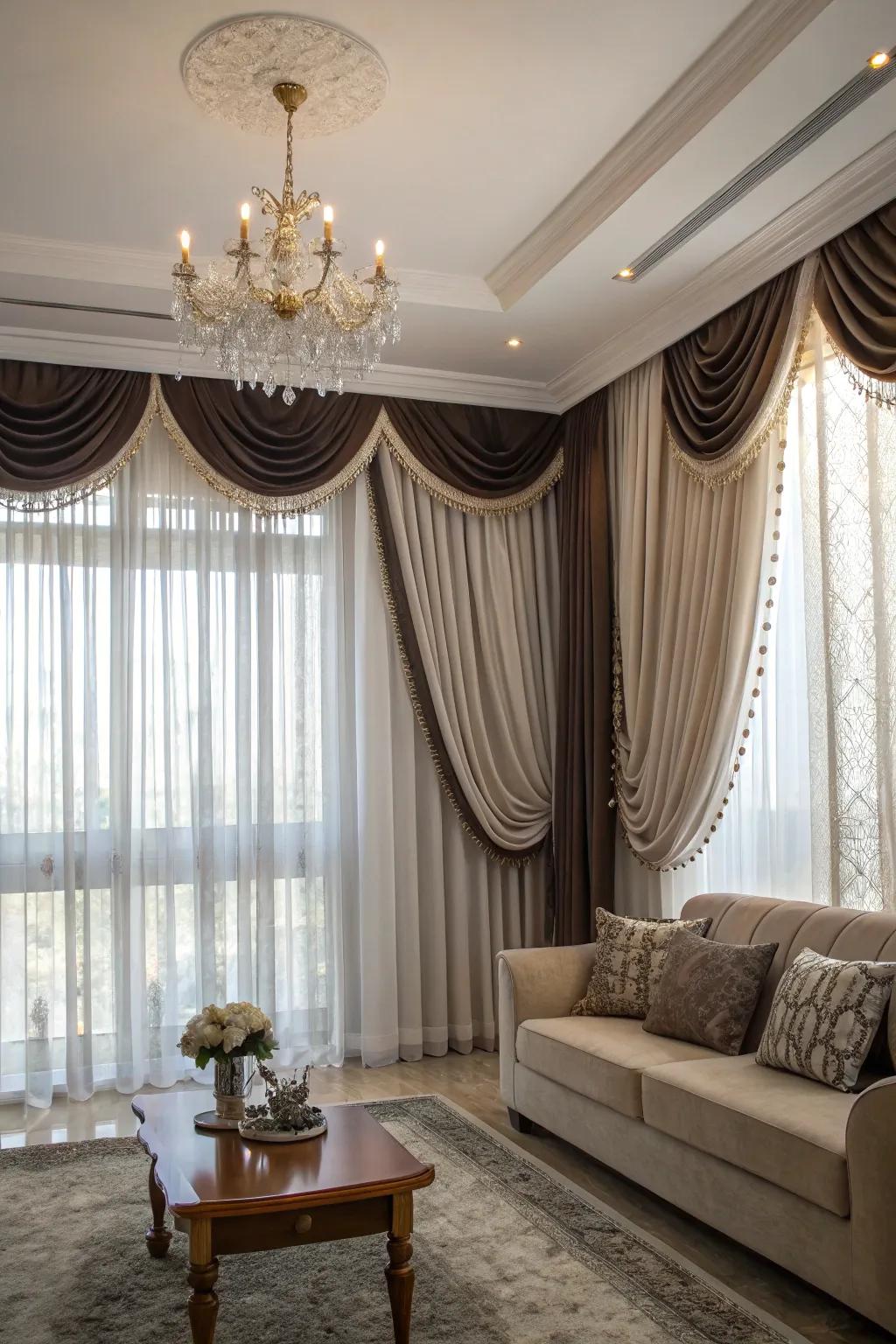 Layered curtains create a luxurious and opulent feel.