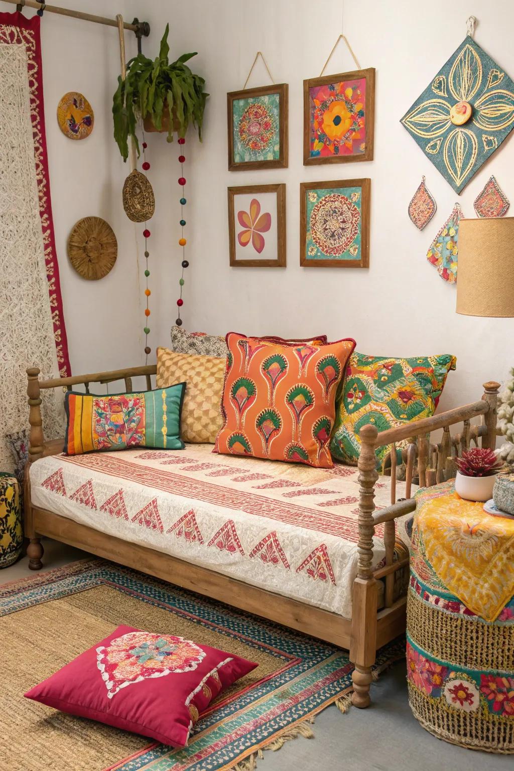 A daybed featuring bold patterns, adding a splash of personality to the room.