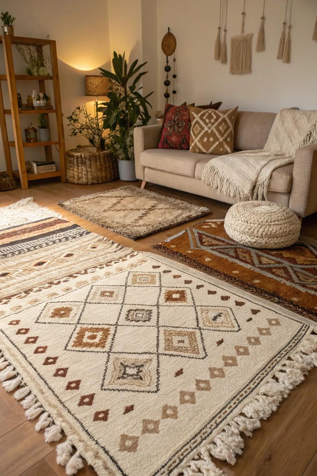 A room with layered rugs that enhance texture and warmth.