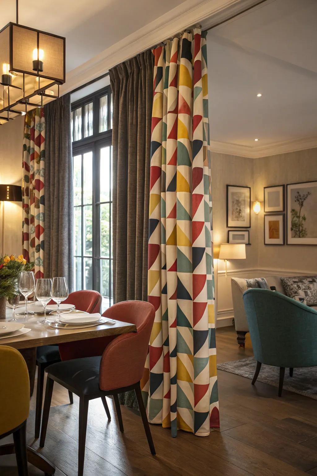 Geometric patterned curtains as a modern focal point.