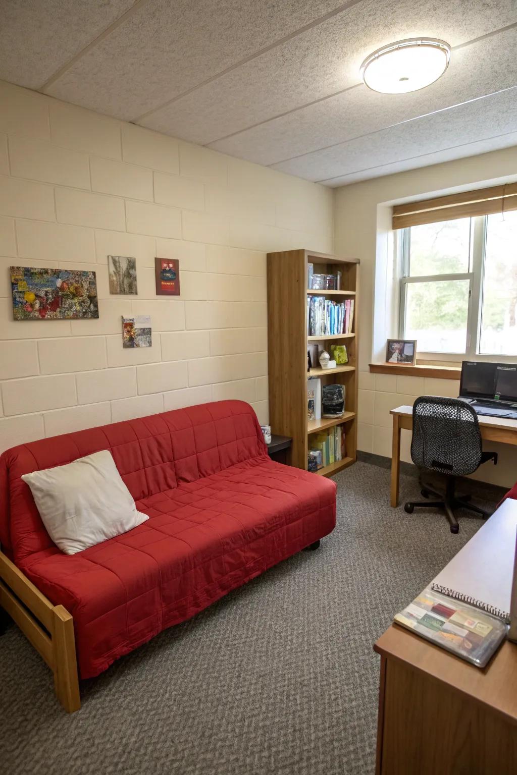 A bold red couch energizes the neutral tones of this dorm room.