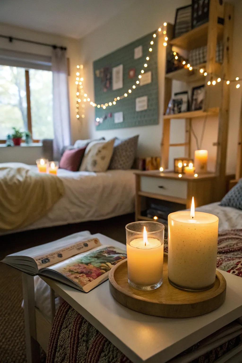 Scented candles create a cozy and inviting atmosphere.