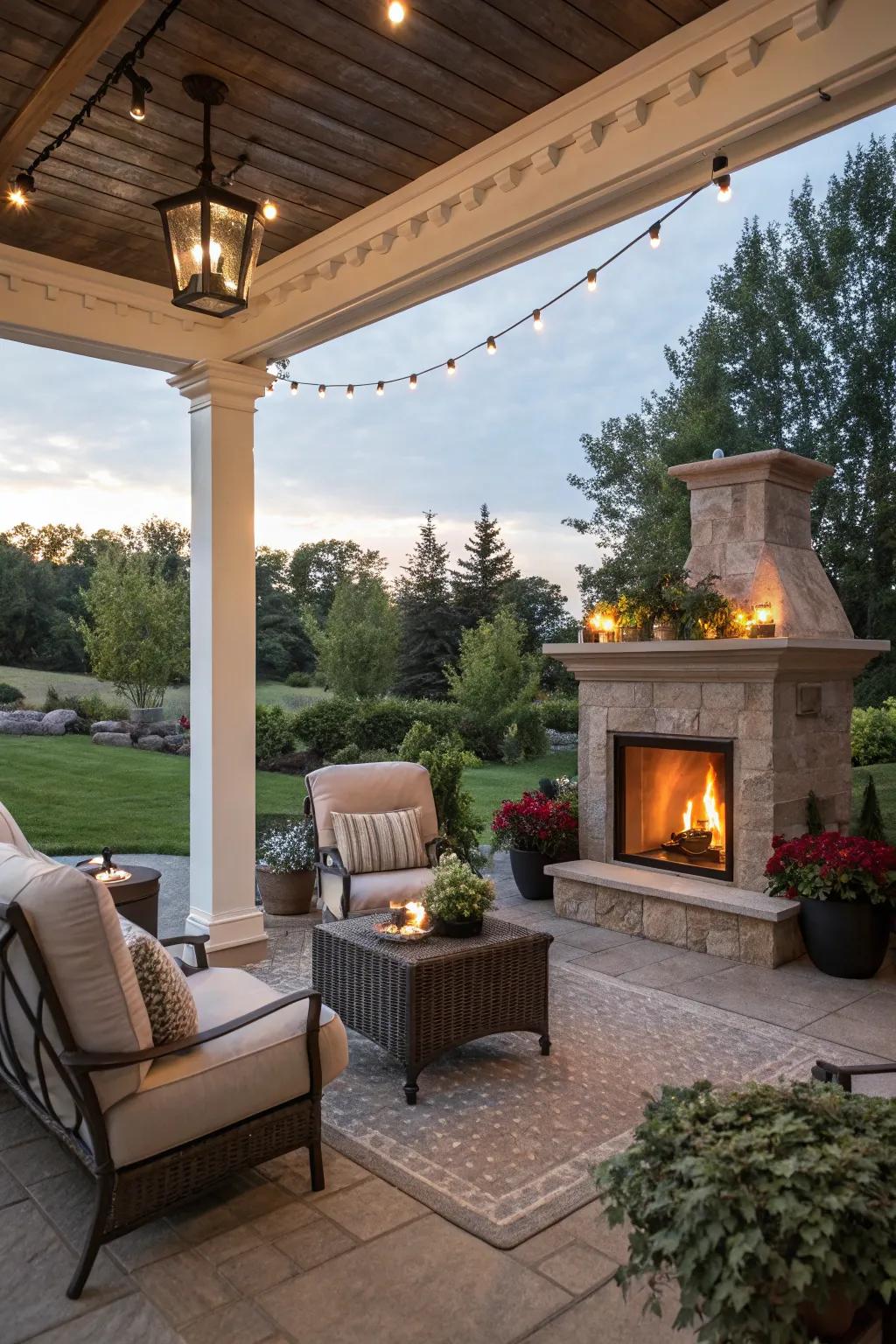 An outdoor space warmed by an electric fireplace.