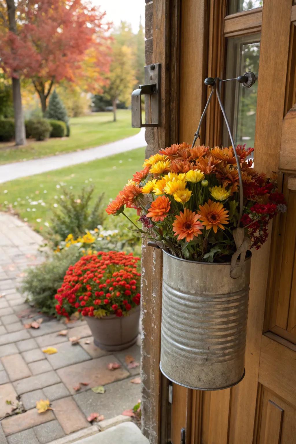 A recycled metal can serves as a creative, eco-friendly door hanger.