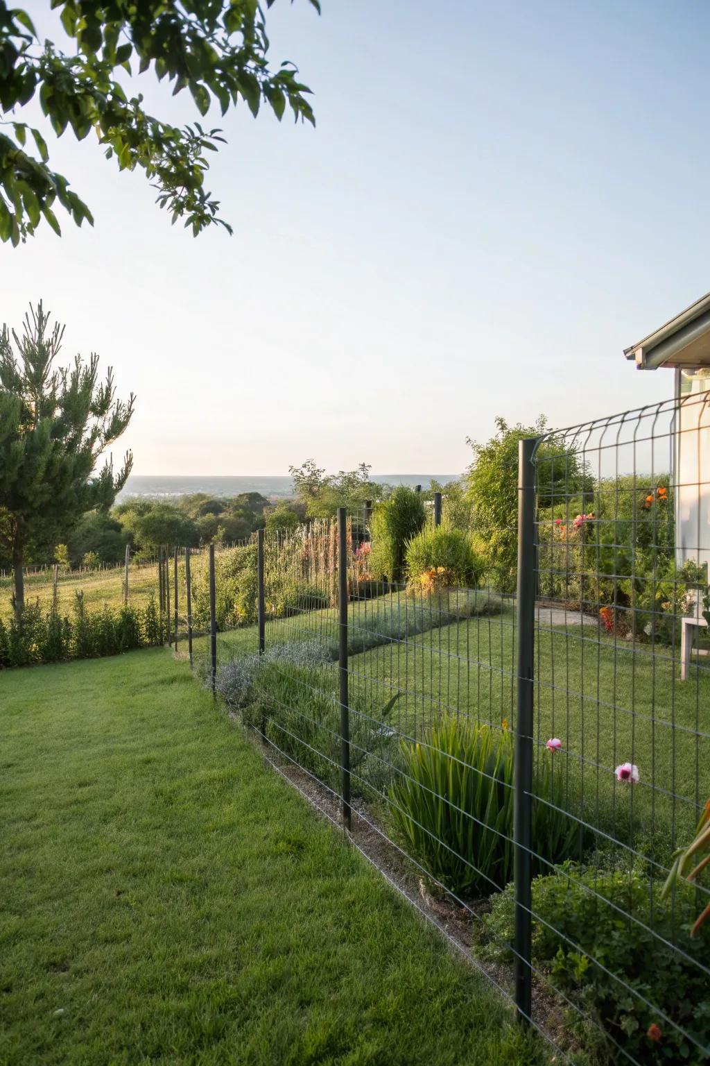 Cable fencing offers a minimalist design that accentuates the garden.