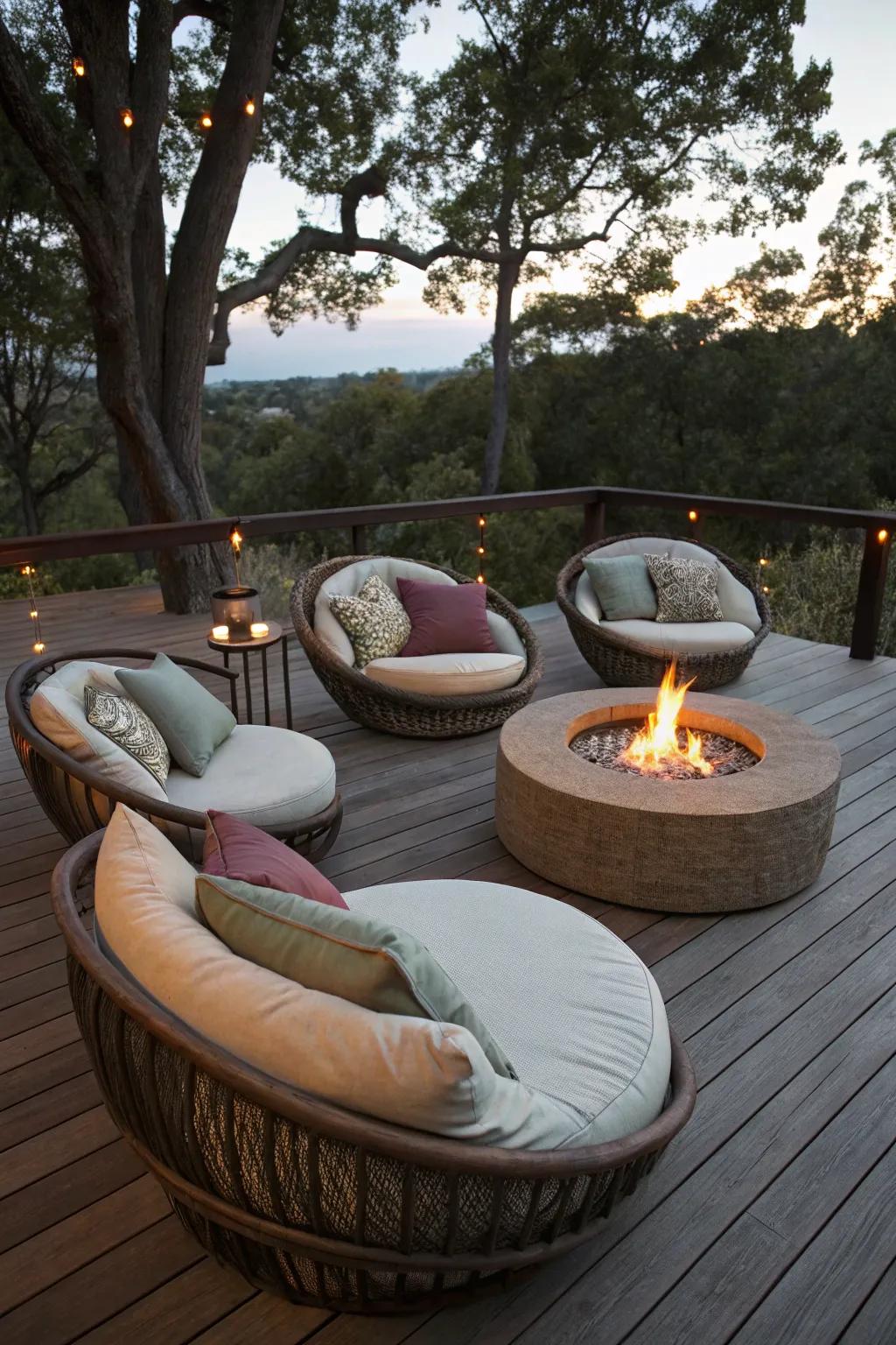 Oversized circular chairs offer a whimsical and cozy seating option.