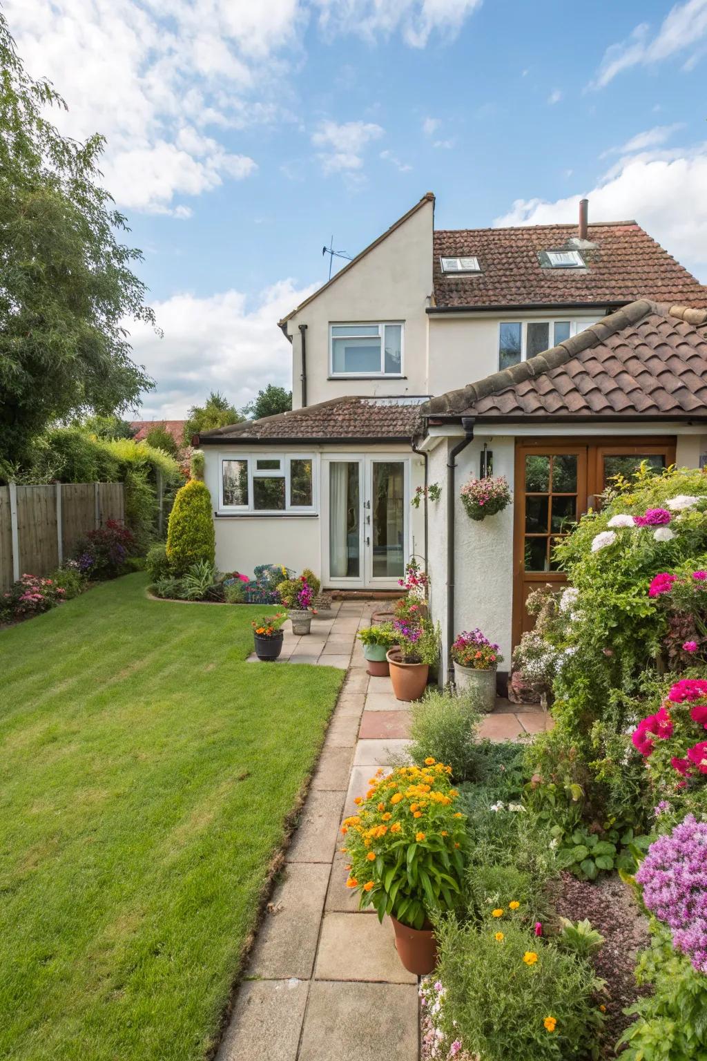 A small garden brings color and life to this front extension.