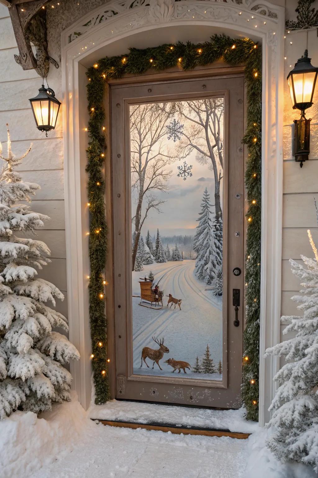 A winter wonderland door decoration captures the serene beauty of the season.