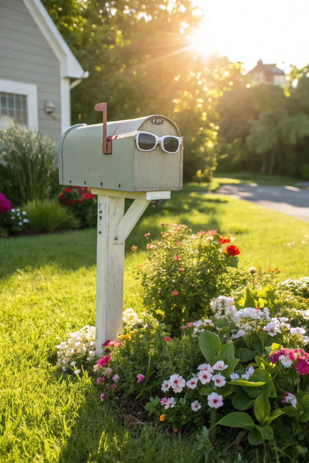 A playful mailbox with sunglasses that exudes cool vibes.