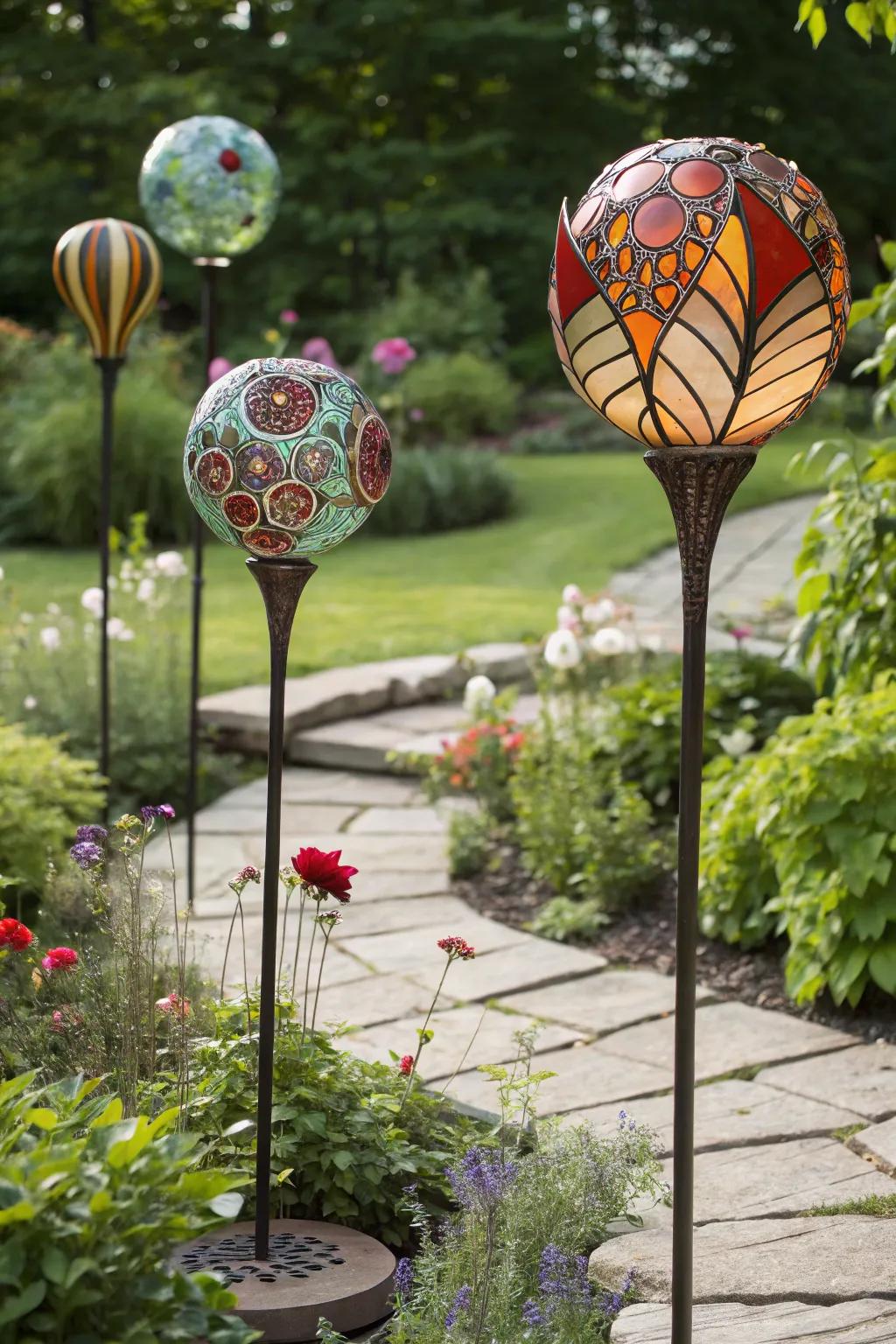 Abstract art posts transforming the garden into a creative space.