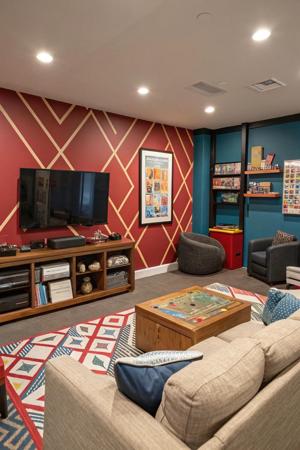 An accent wall provides a striking focal point for your game room.