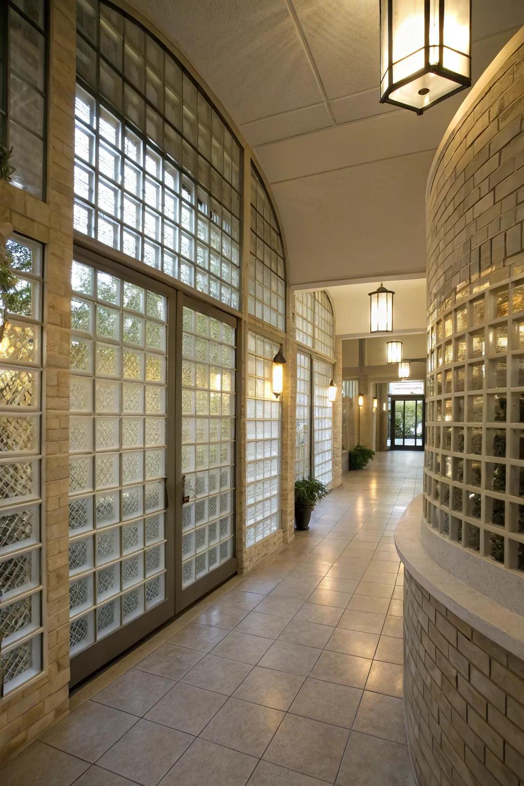 A transitional space showcasing glass block walls, guiding light flow and enhancing the home's structural layout.