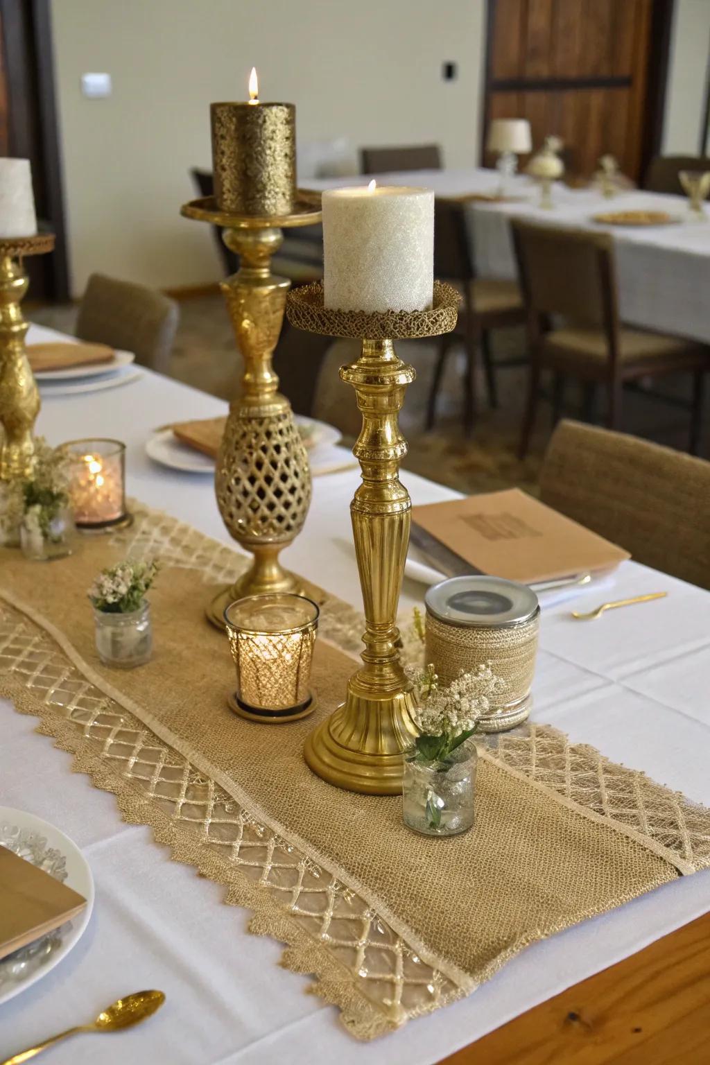 Rustic charm with gold and burlap centerpiece.