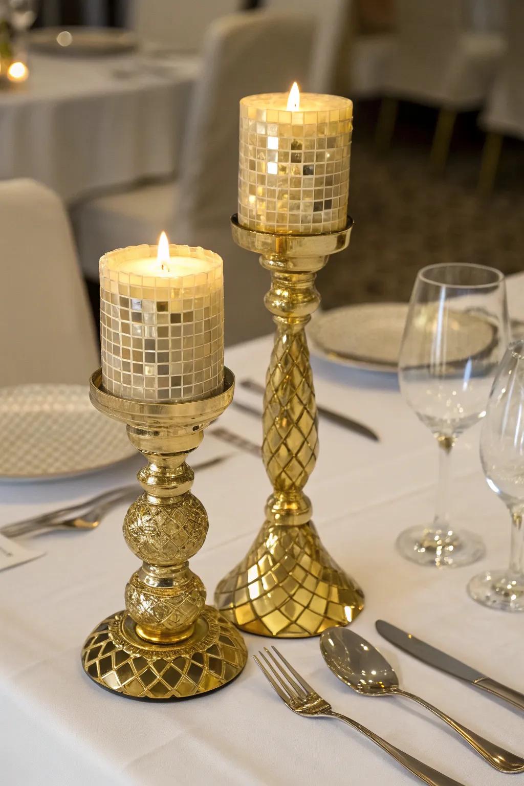 Amazing gilded mosaic light holders delivering a welcoming radiance.