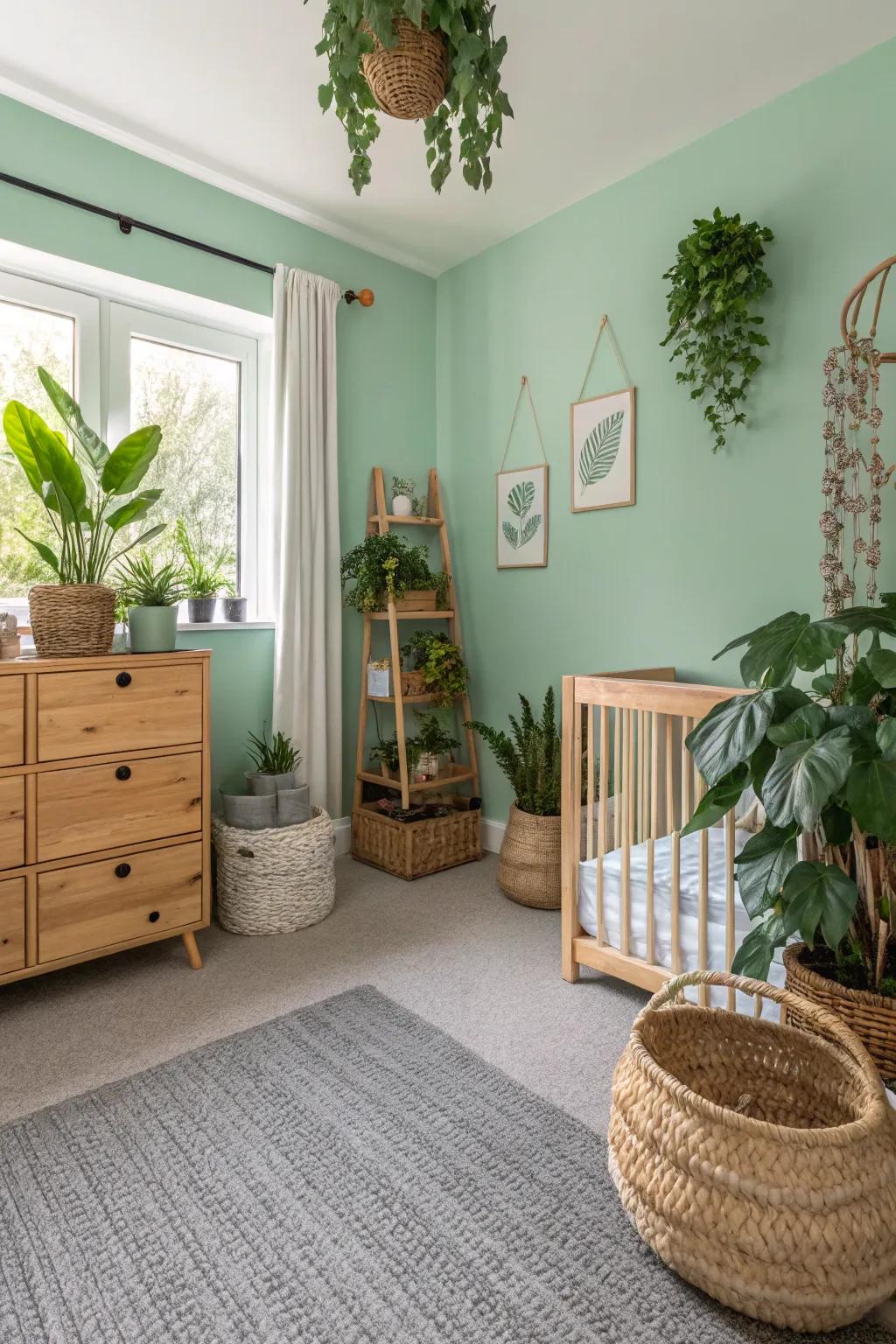 Mint green walls offer a refreshing contrast with grey carpets.