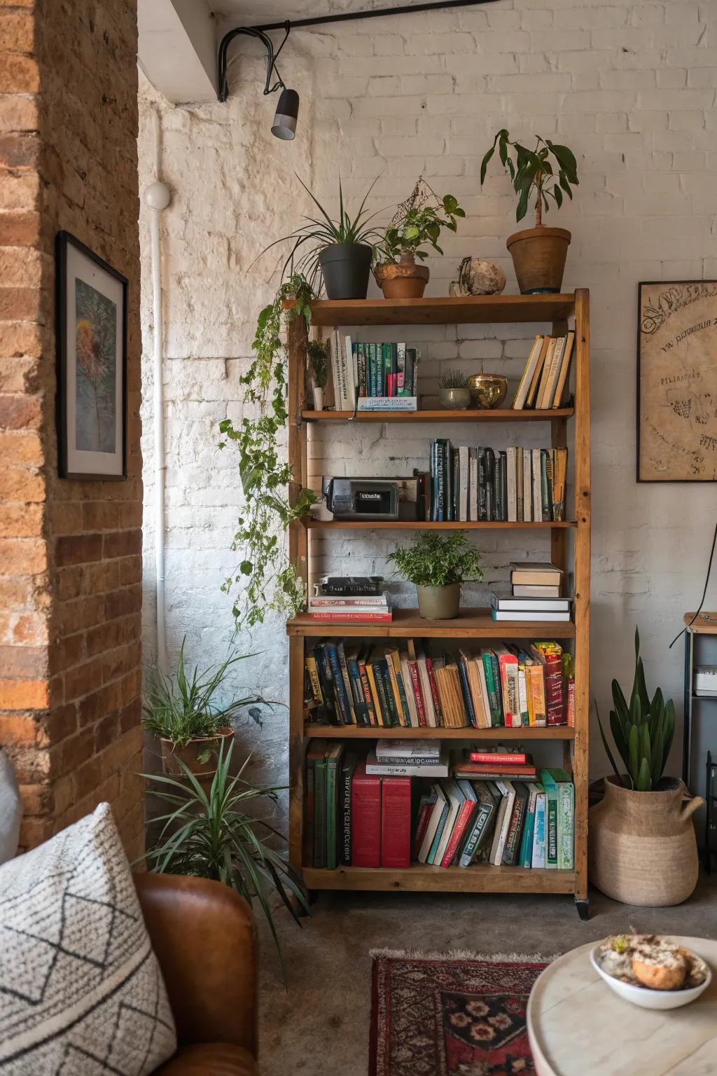 A personal bookshelf introduces depth and personality to the decor.