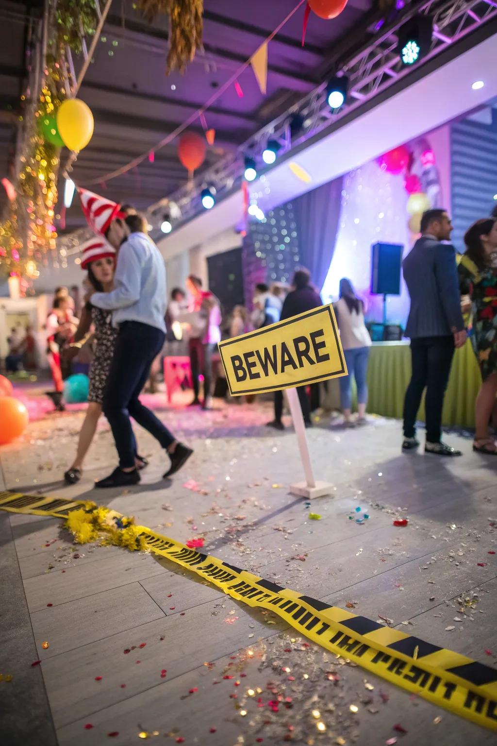 'Beware' placards guide visitors through a haunted setup