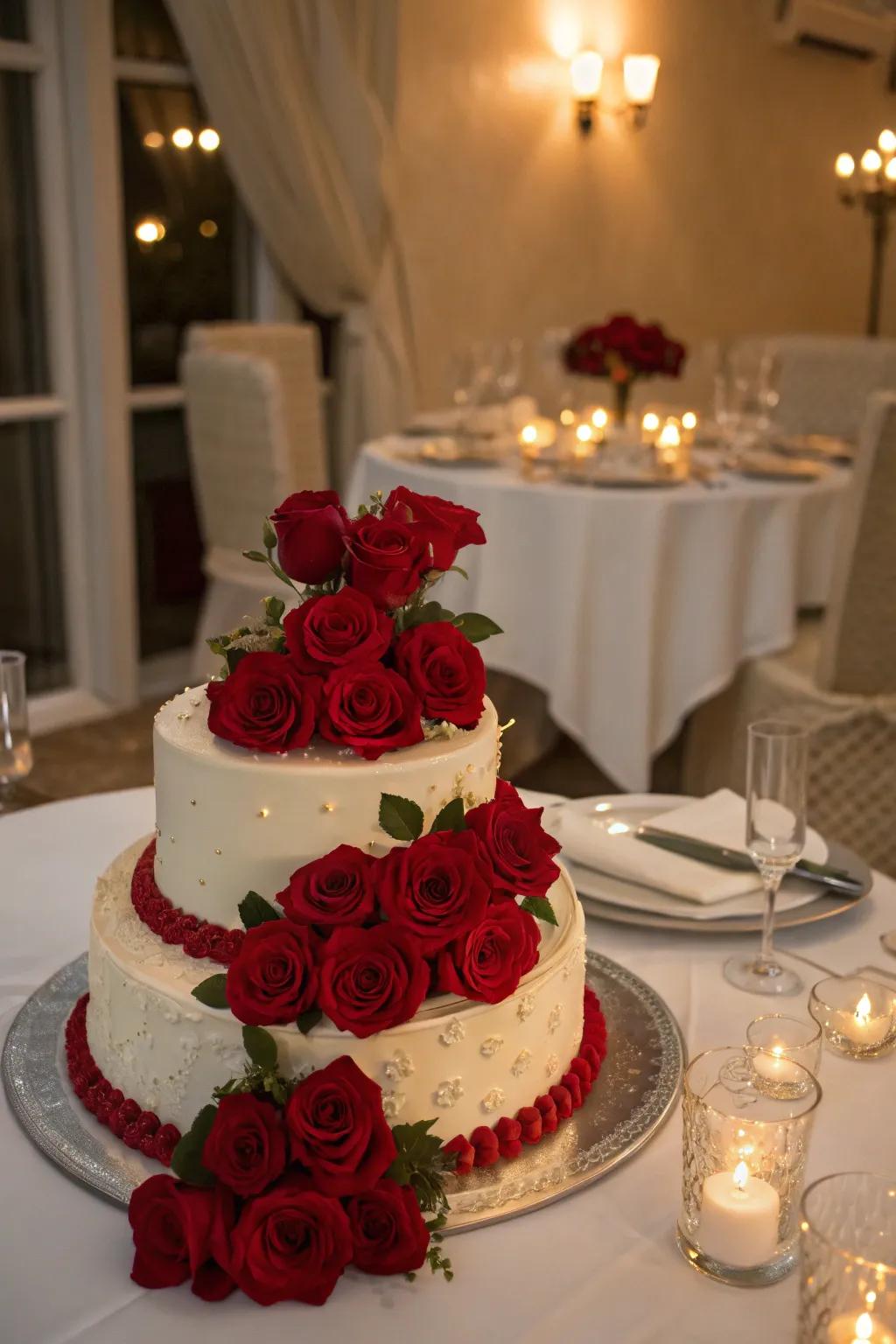 Red roses add a touch of romance and drama to this Hollywood-themed cake.