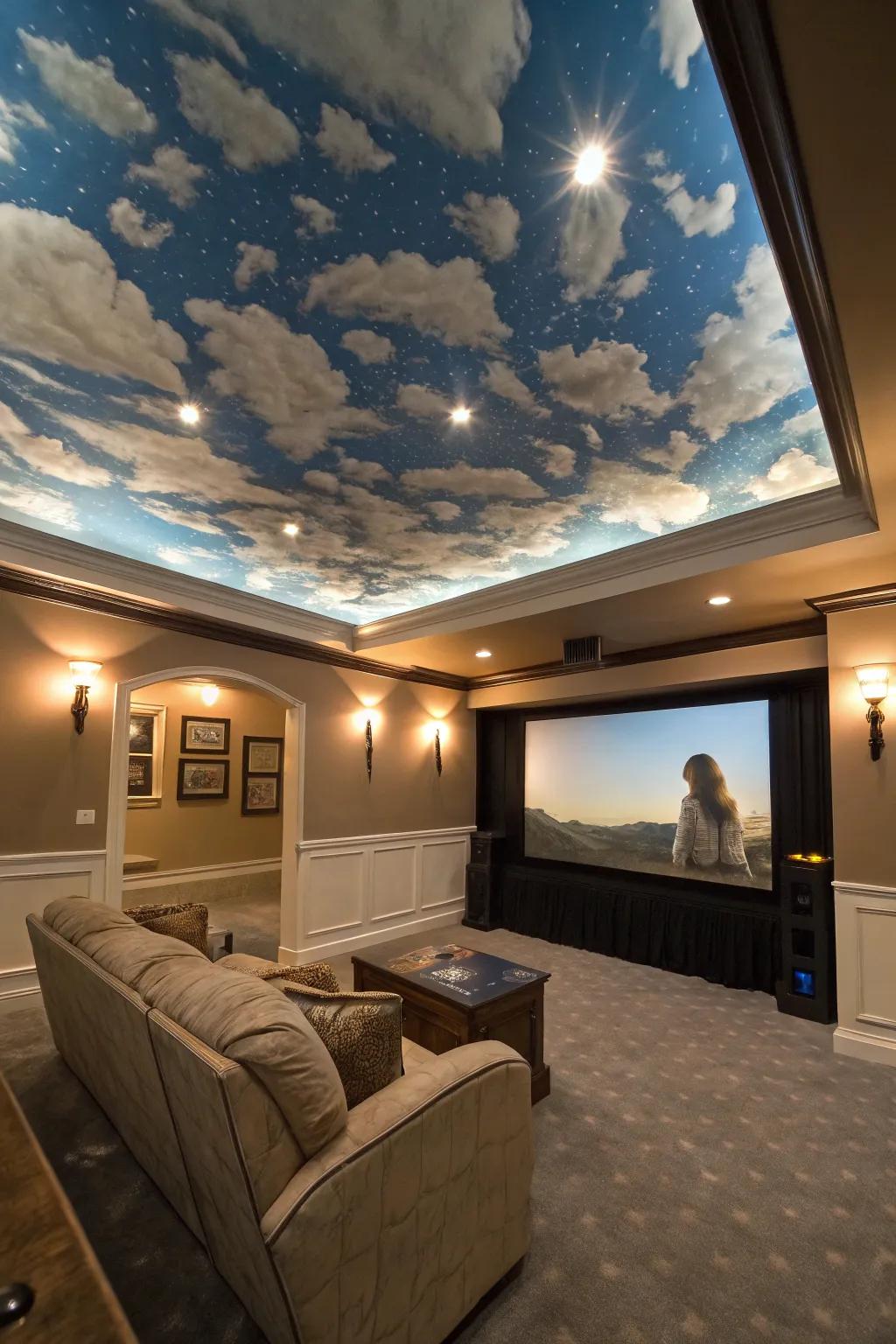 Create an airy feel with a sky-themed ceiling.