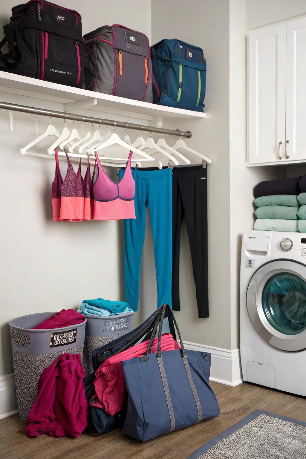 Unconventional spaces like laundry rooms for workout gear storage.