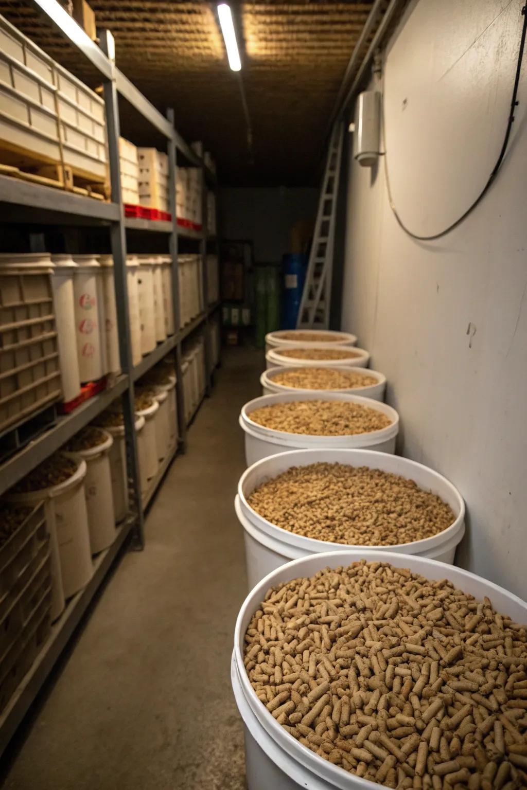 Vertical storage tubs maximize space efficiency for pellet storage in tight areas.