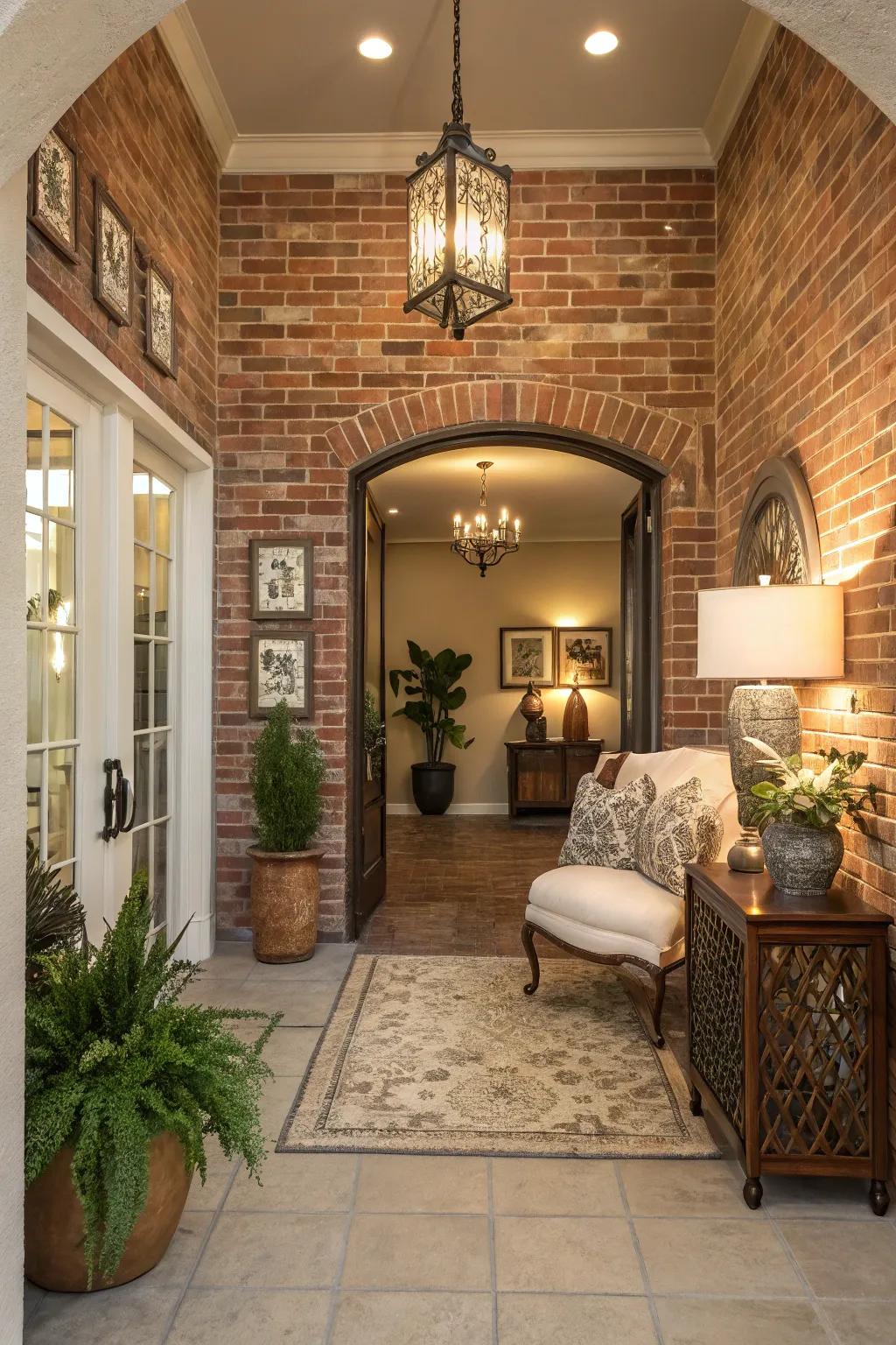 An urban entranceway with a brick facade, creating a welcoming statement for the home.