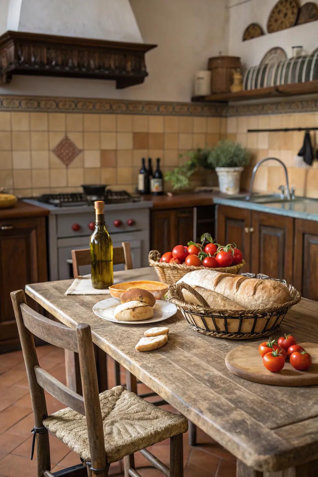 A bold country table becomes the heart of the kitchen.