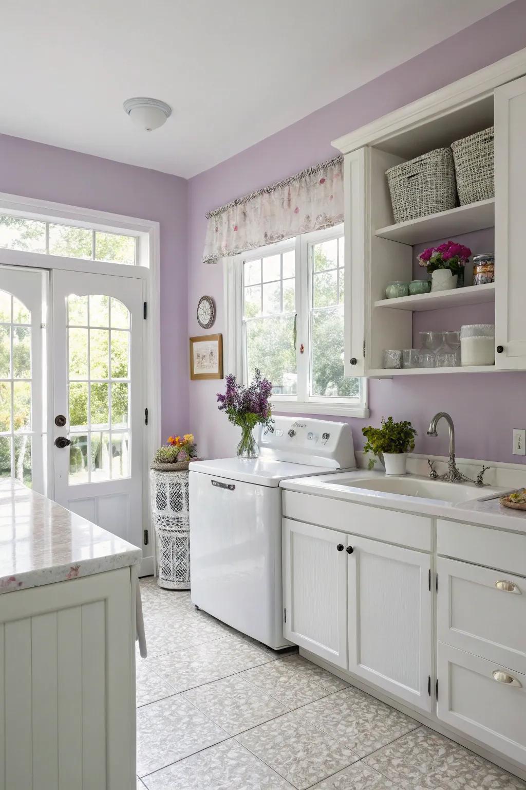 Soft lavender hues create a calming and serene kitchen environment.