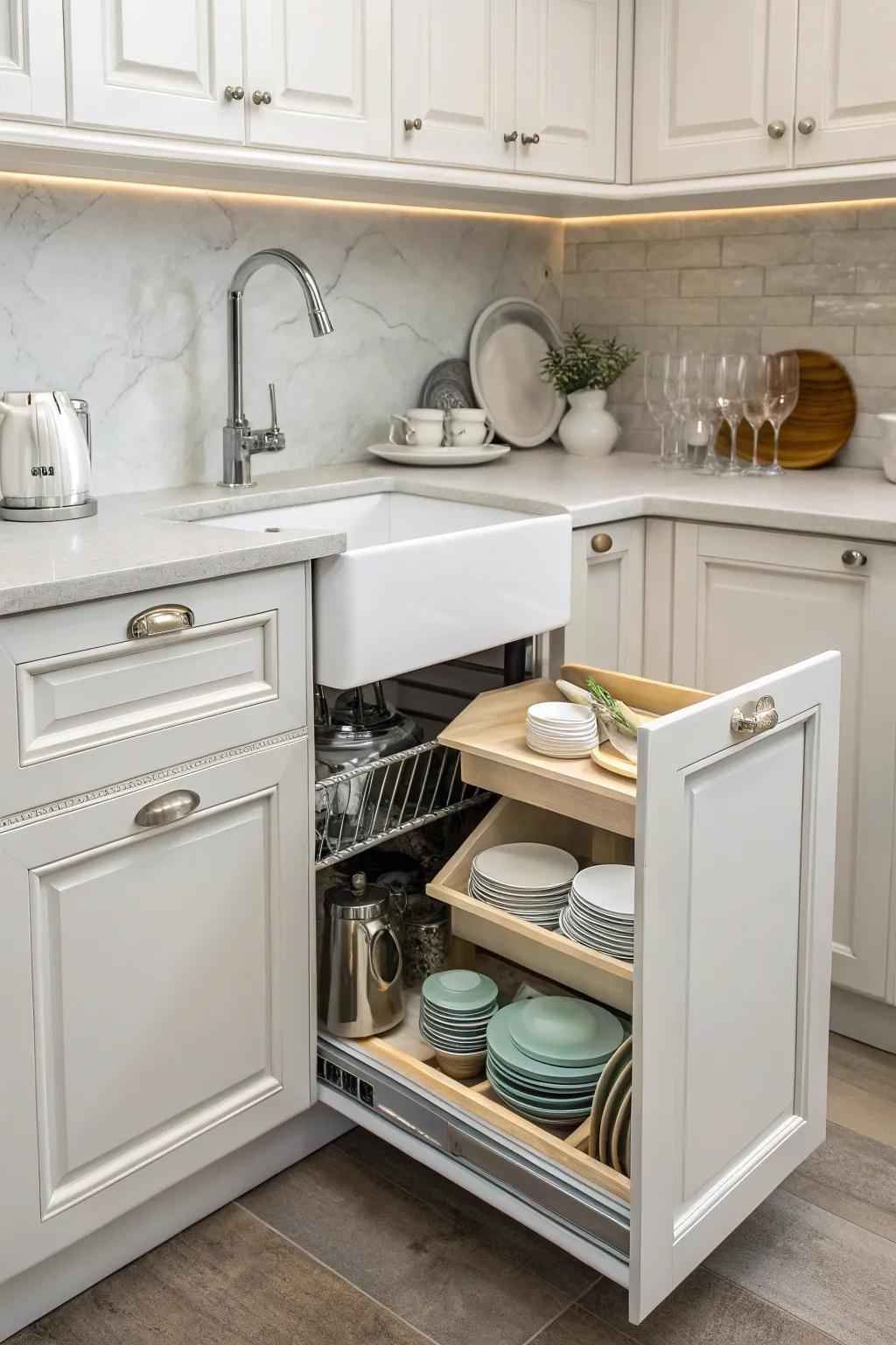 A corner sink optimizes workspace and delivers convenient storage.