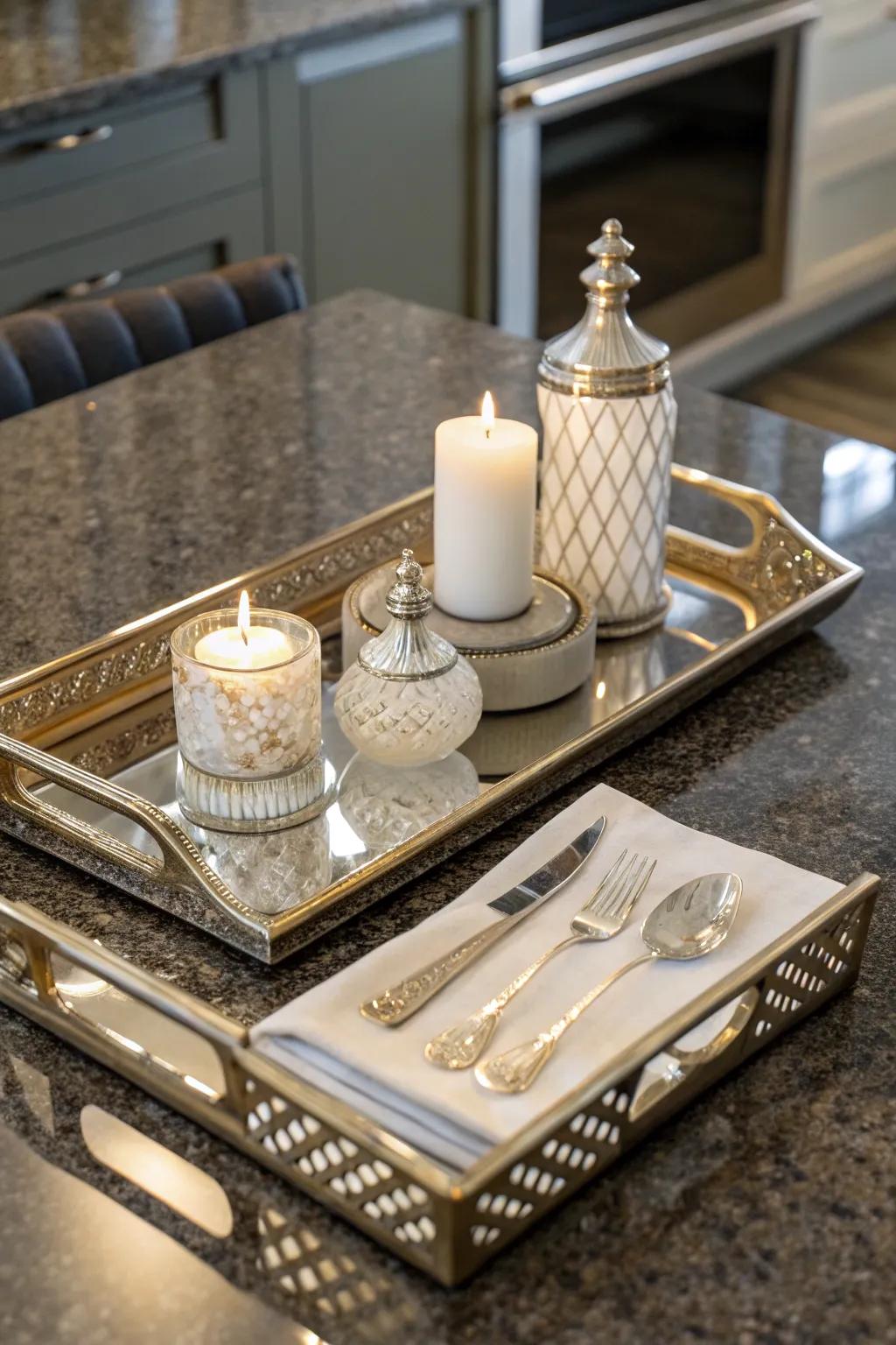 Mirrored surfaces add elegance and enhance light in the kitchen.