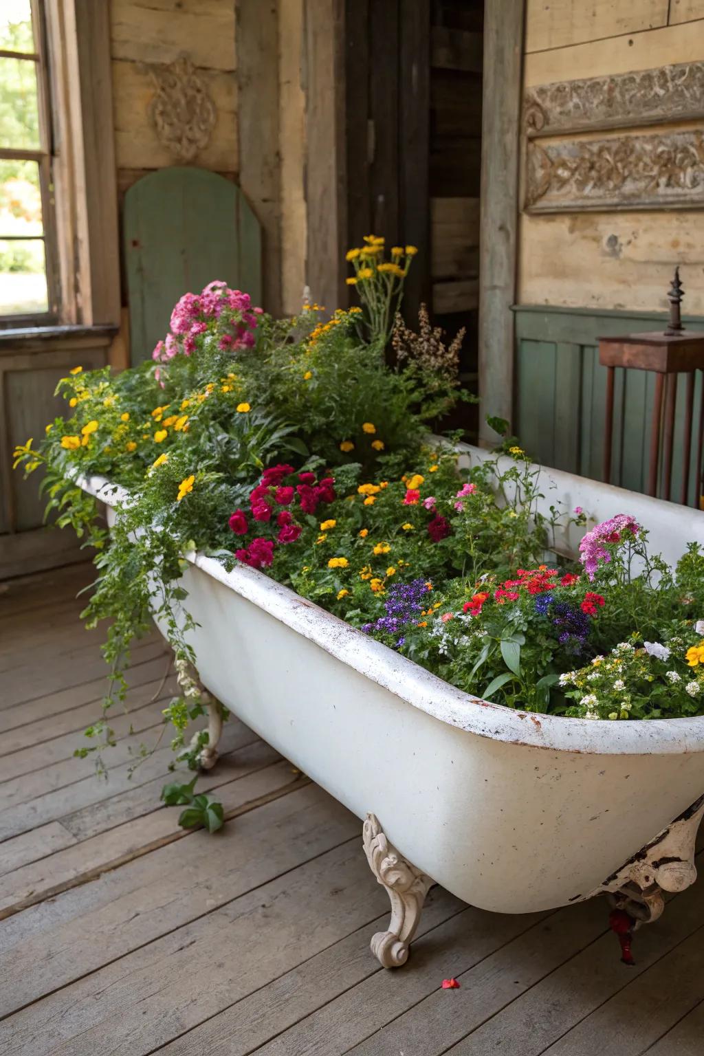 Old bathtubs are a whimsical and spacious option for raised garden beds.