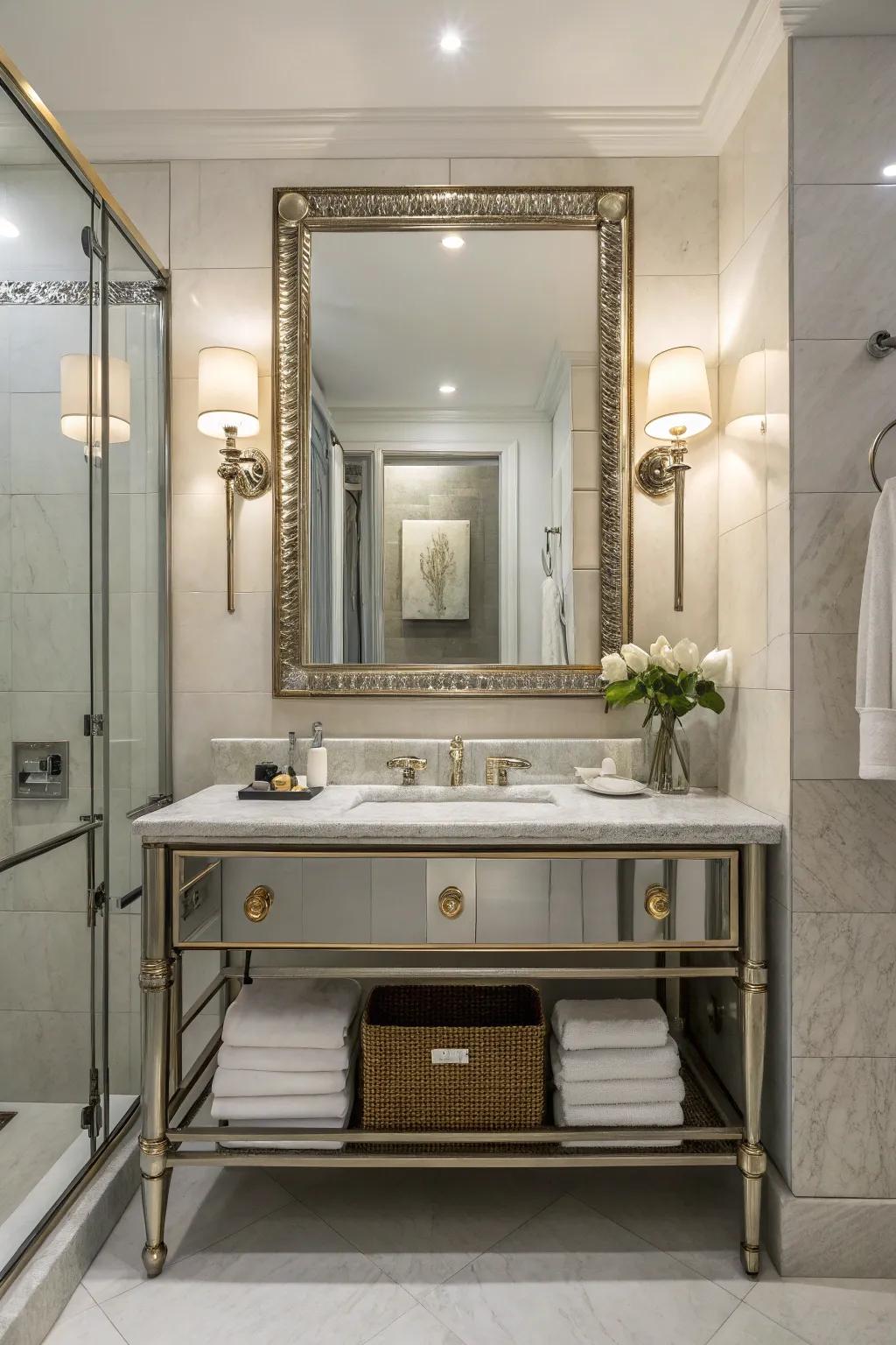 Metallic accents bring chic and modern flair to bathroom mirrors.